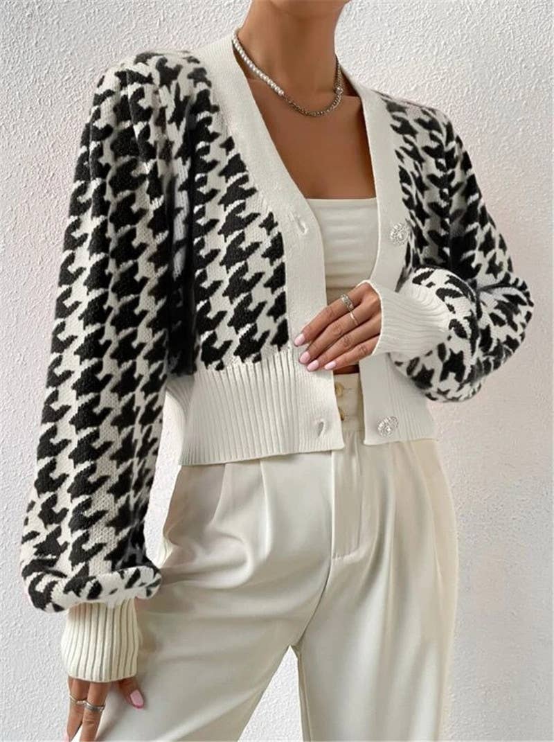 Houndstooth v-neck cropped knit Cardigan