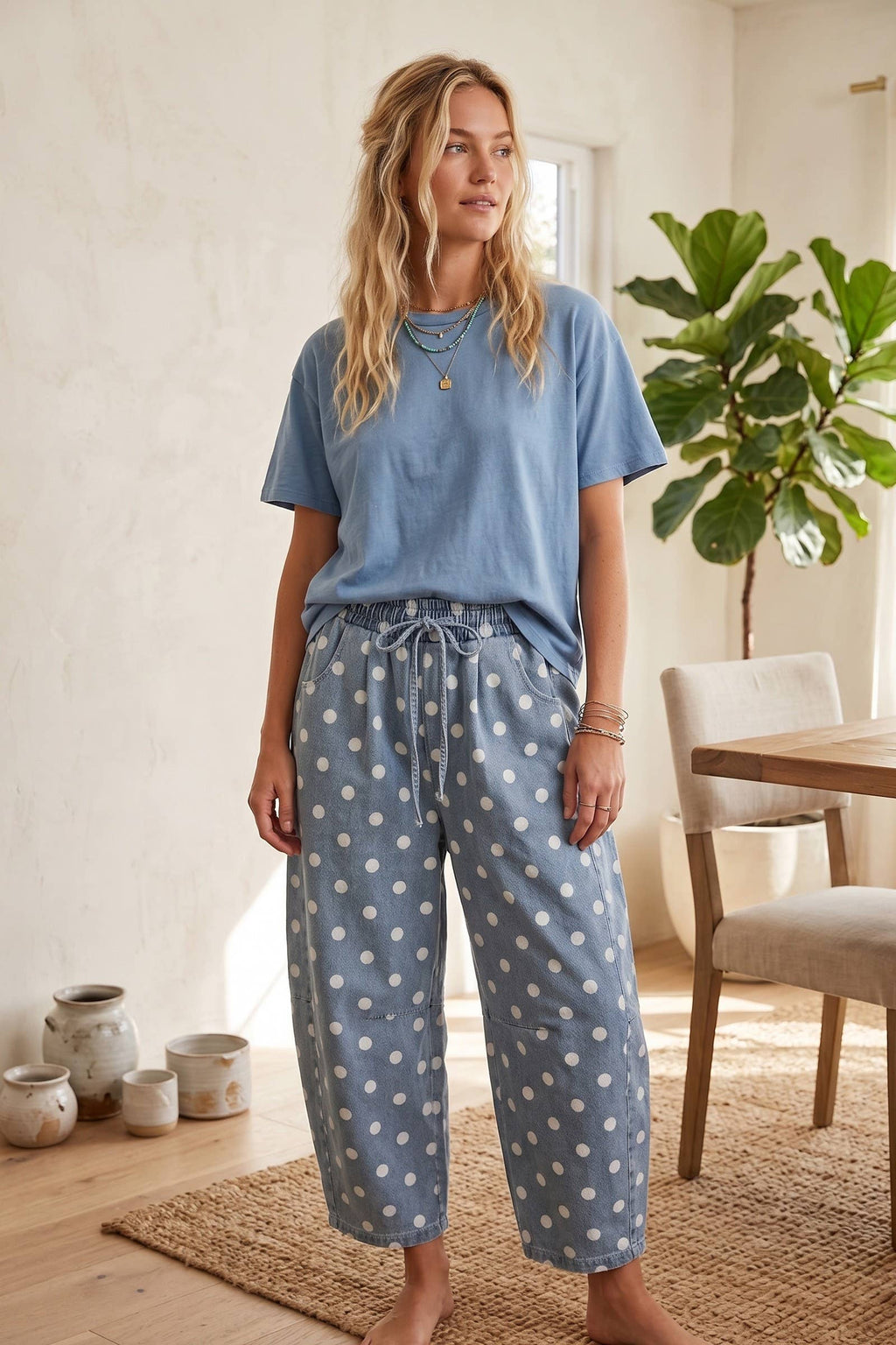 Oversized Polka Dot Denim Barrel Pants
