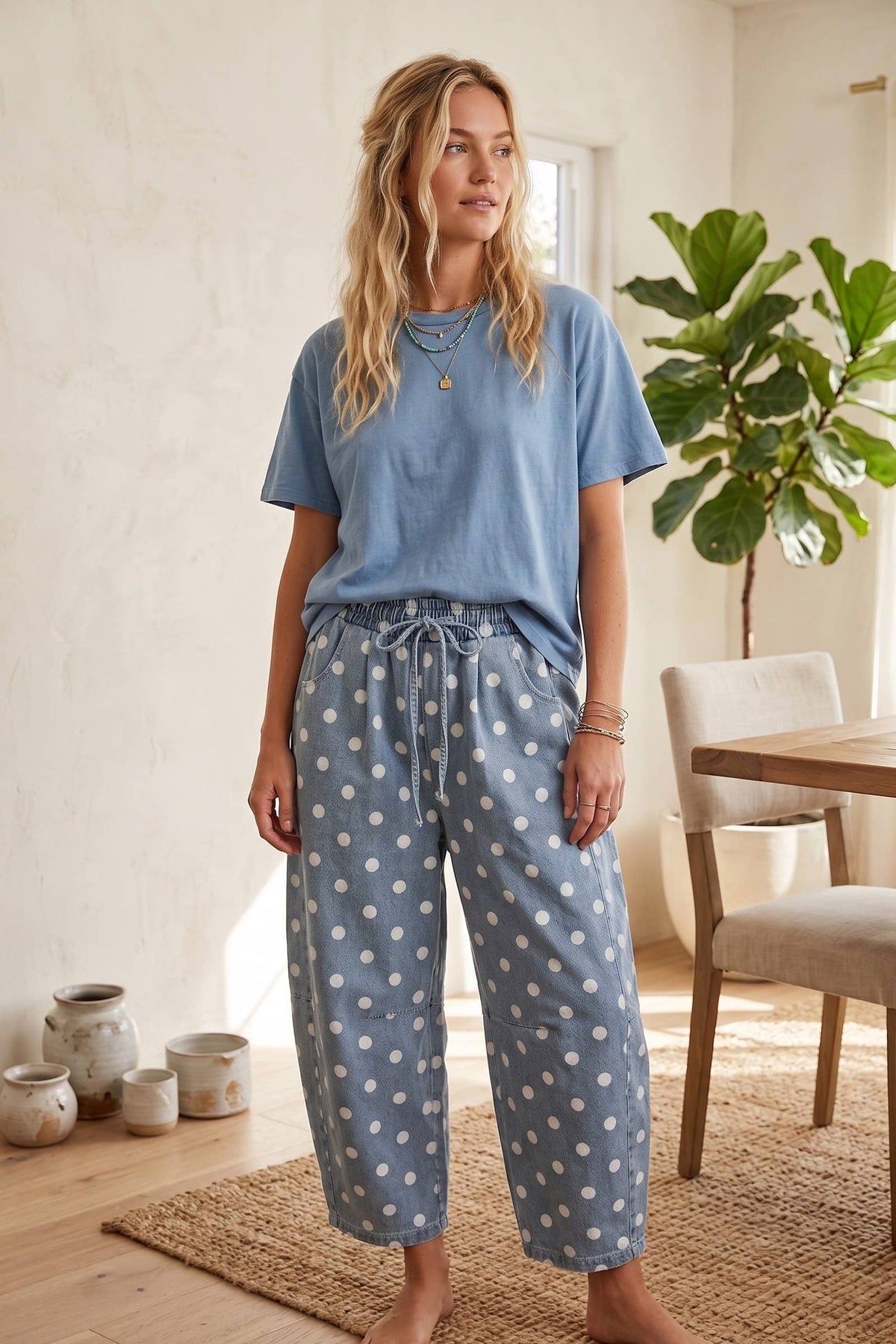Oversized Polka Dot Denim Barrel Pants