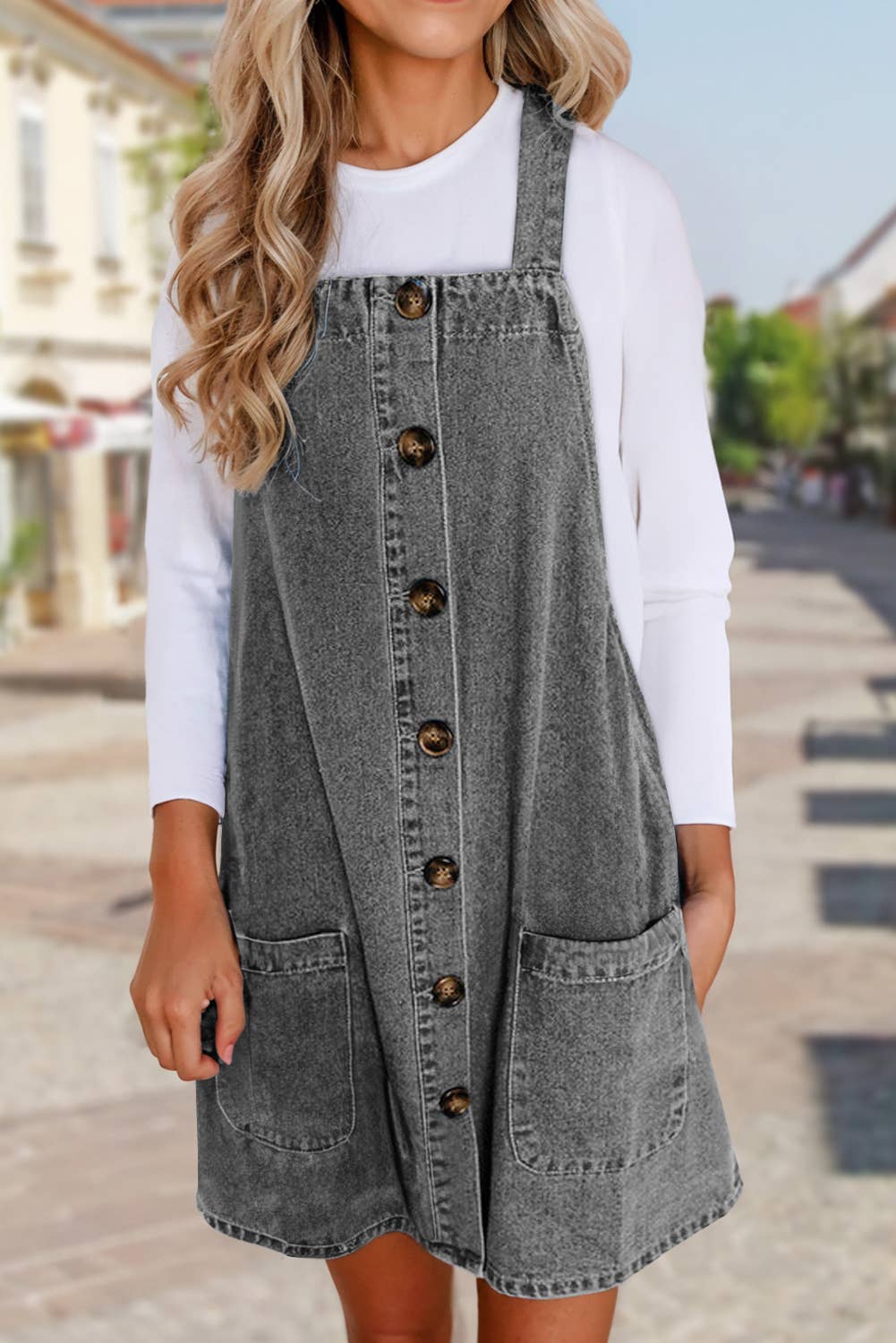Grace Strap Button Front PocketS Denim Mini Dress