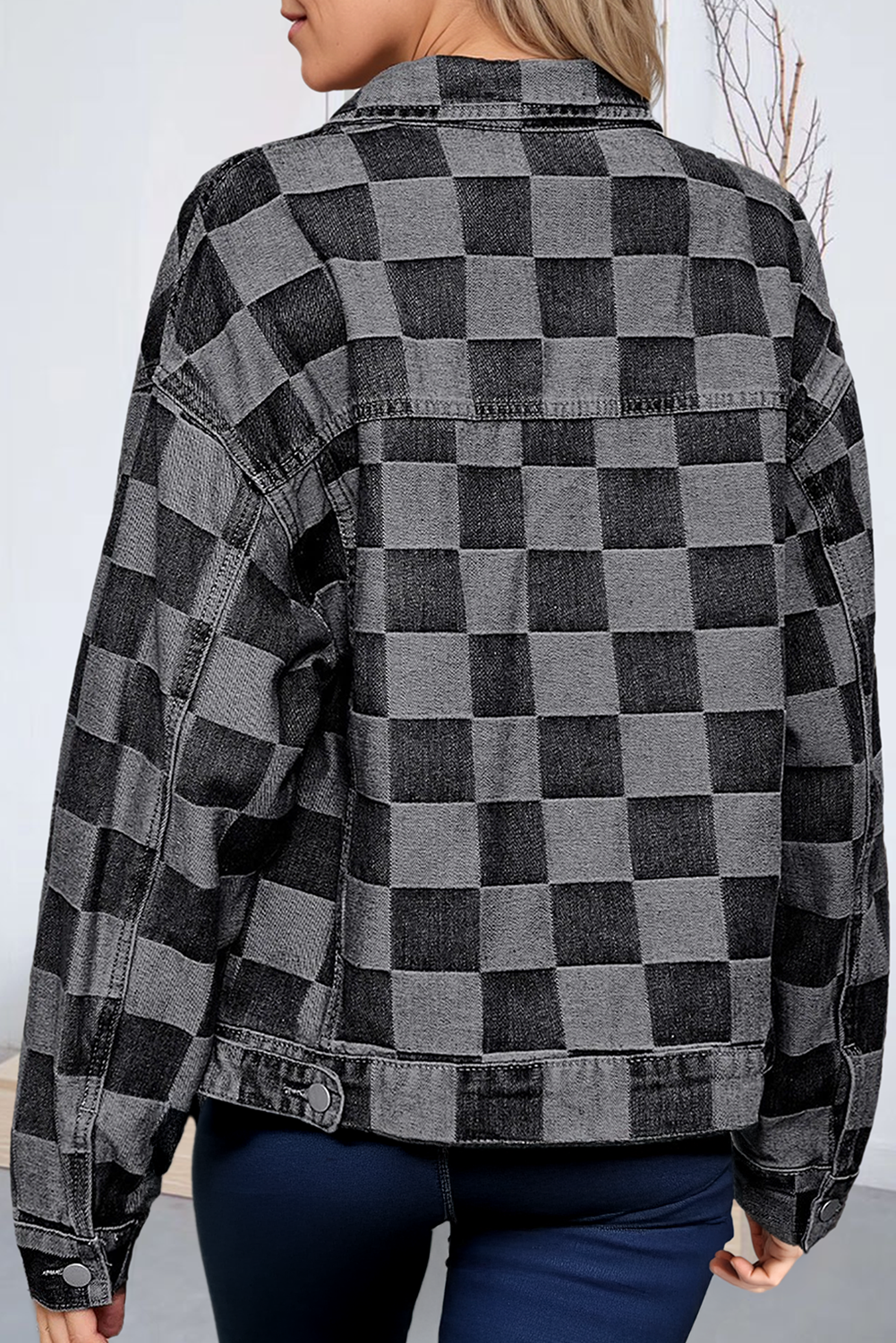 Checkered Patchwork Button Down Denim Jacket