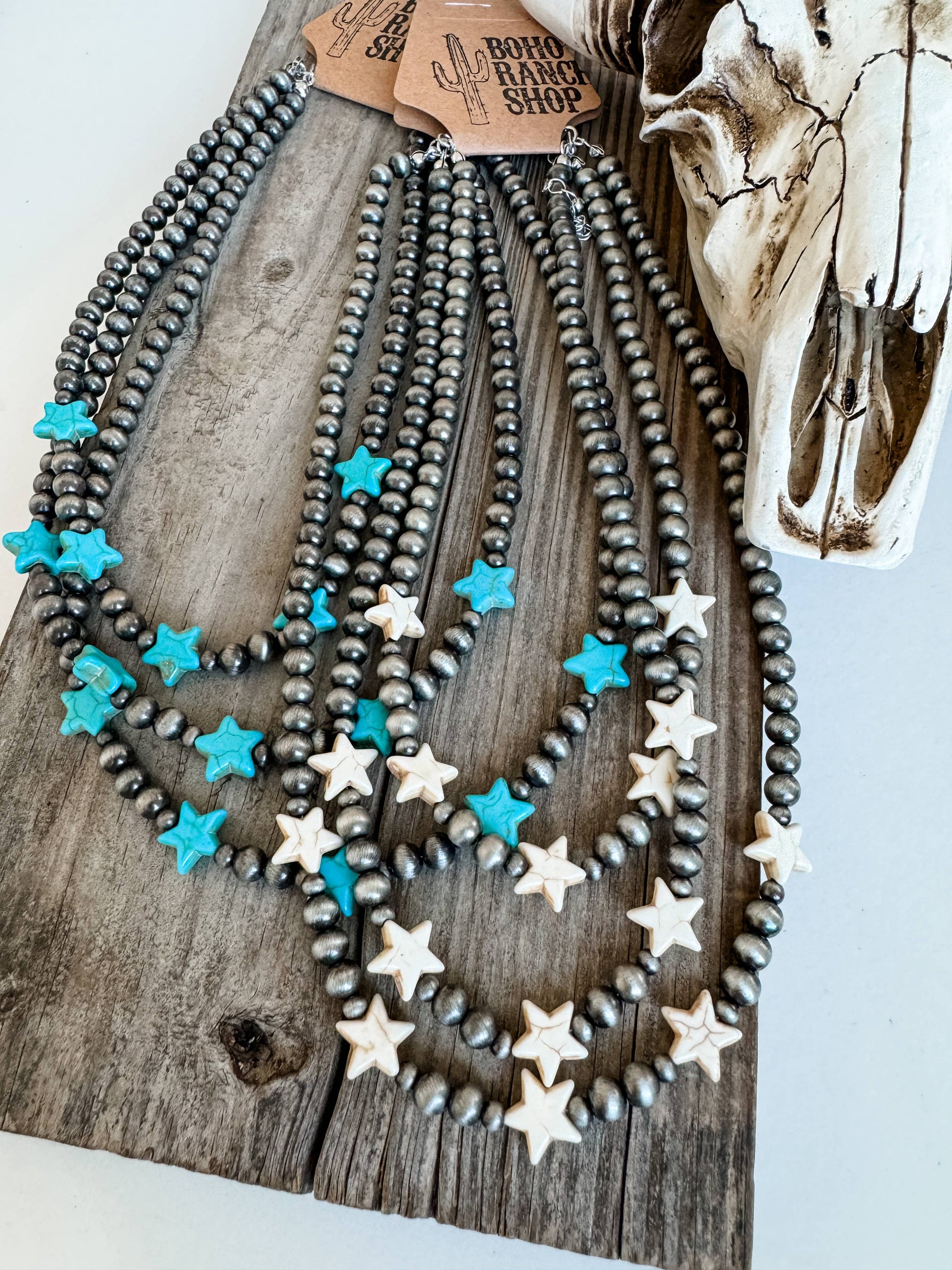 3 Layered Navajo Style Pearl with Star Stone Necklace
