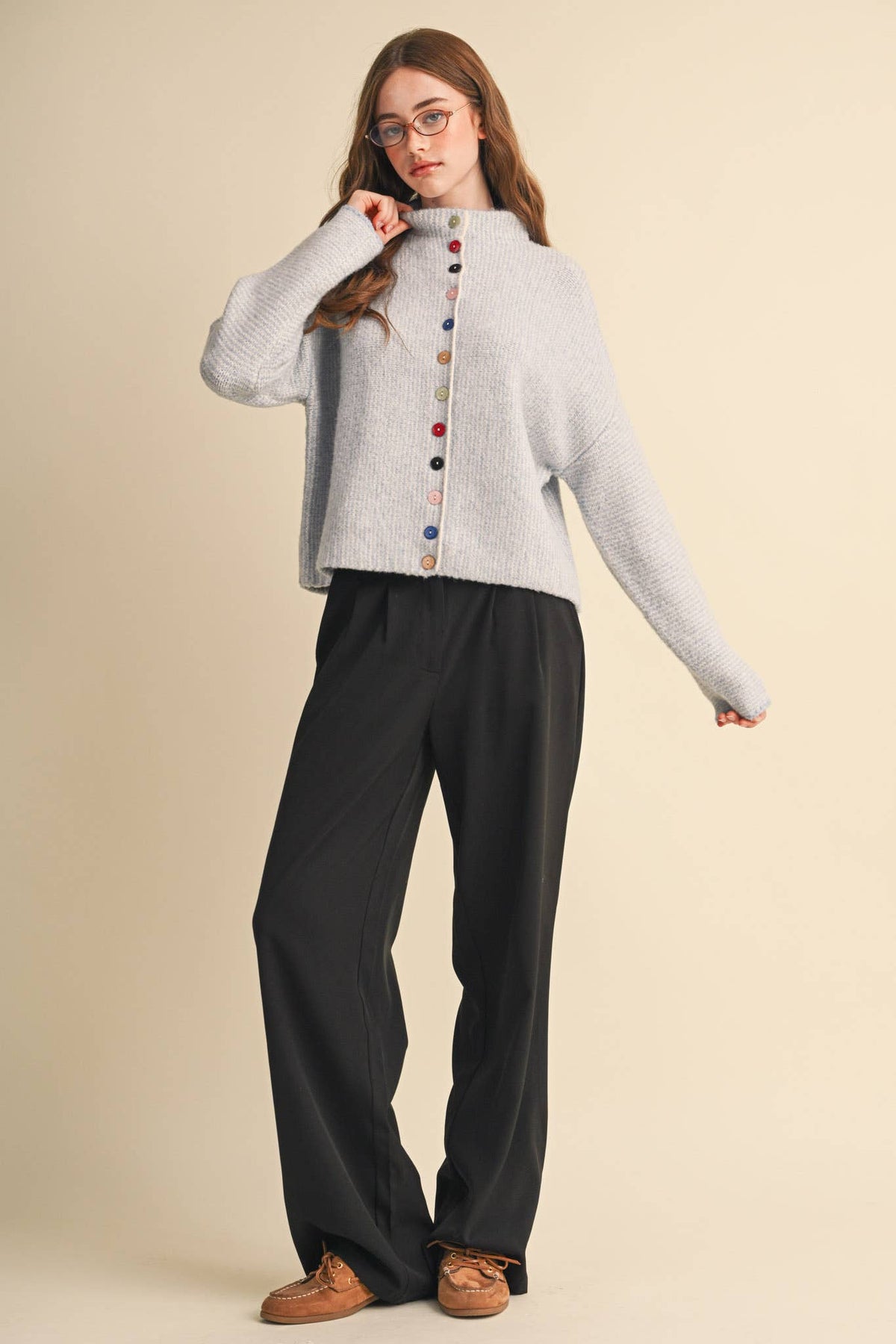 STRIPED SWEATER CARDIGAN WITH COLORFUL BUTTONS
