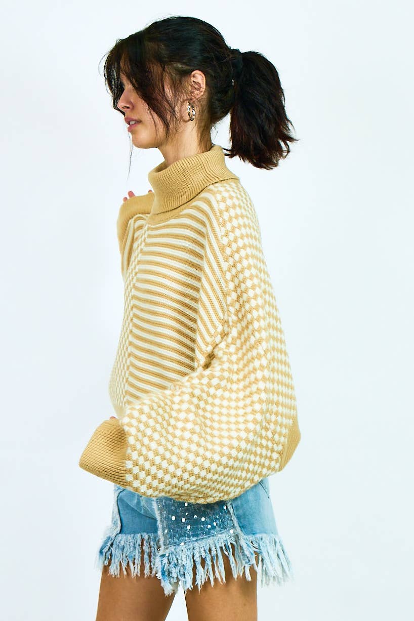 COLOR COMBO HIGH NECK KNIT SWEATER