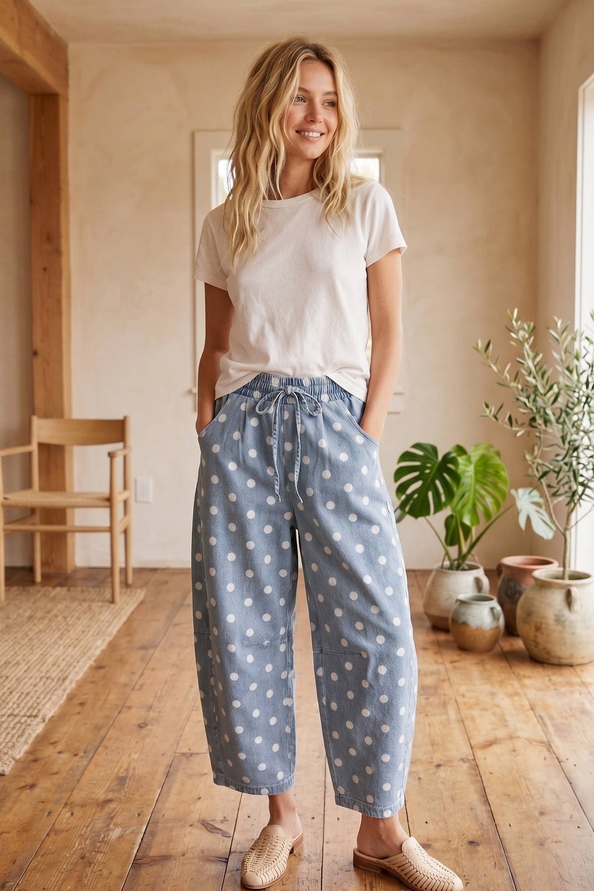 Oversized Polka Dot Denim Barrel Pants