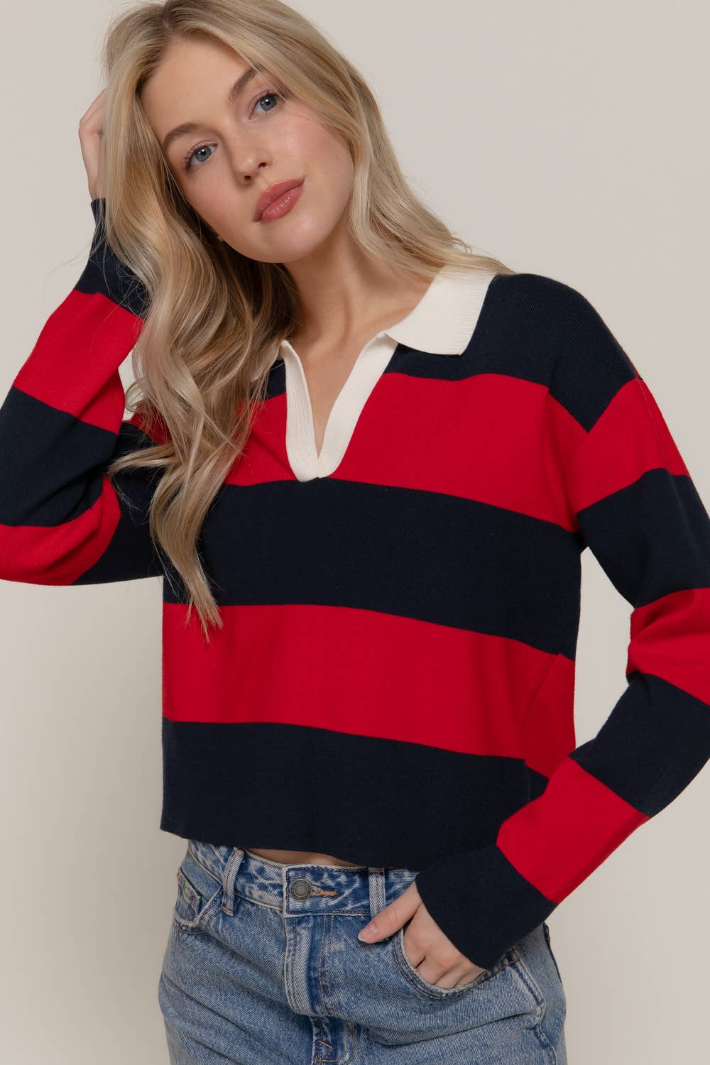 Long Sleeve Rugby Stripe Polo Swaeter