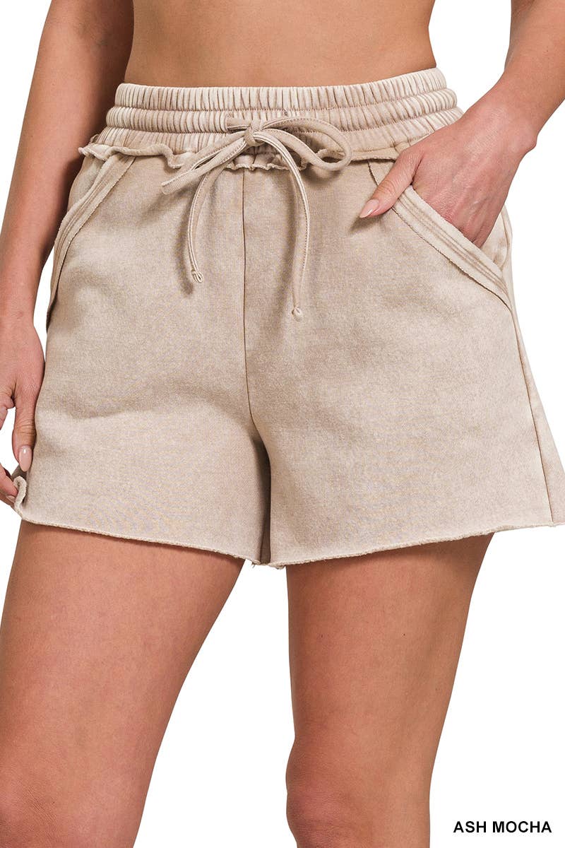 .Acid Wash Elastic Waistband Fleece Shorts