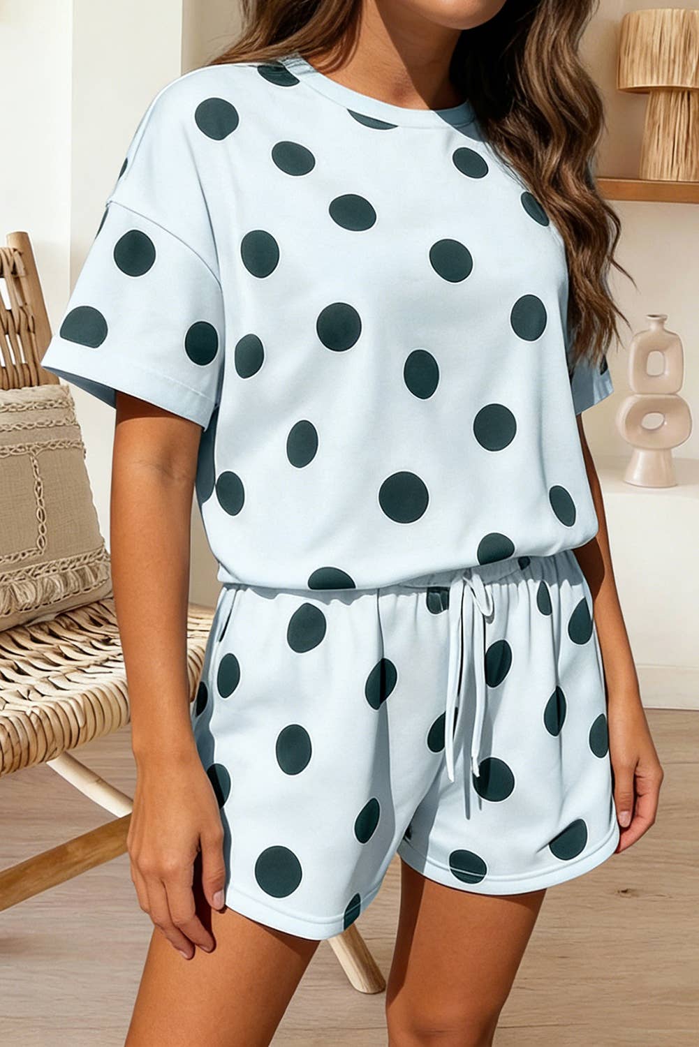 Polka Dot Print Tee and Drawstring Shorts Set