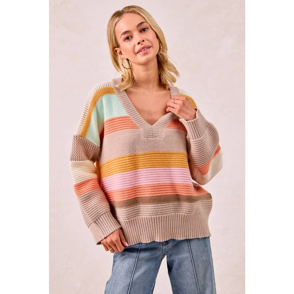 MULTI COLORS STRIPES RIB BANDED V-NECK SWEATER TOP