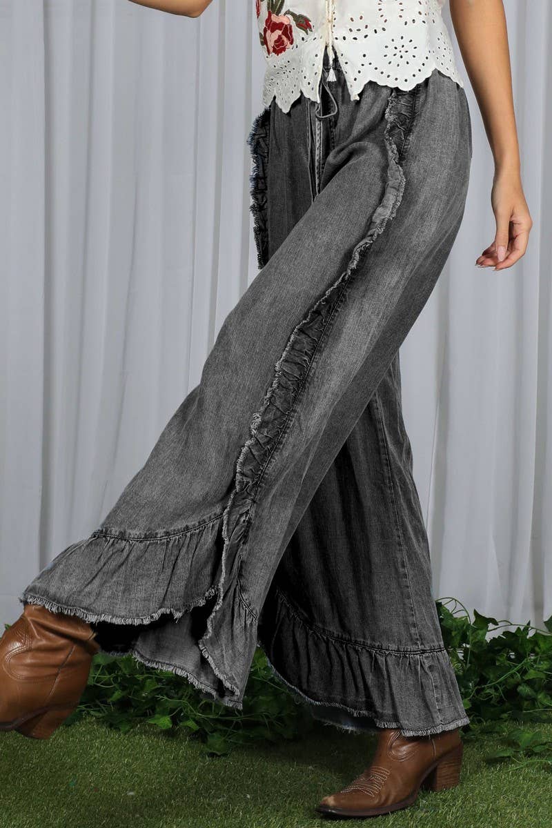 Flared Ruffle Hem Washed Chambray Crop Denim Pants