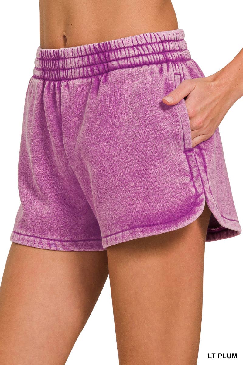 .Acid Wash Elastic Waistband Fleece Shorts
