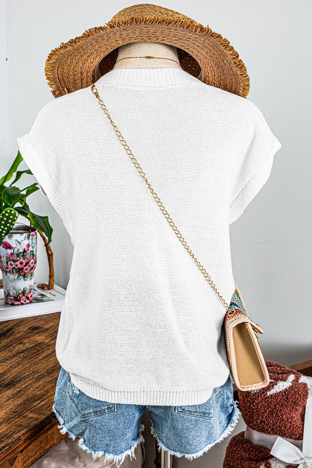 Fashion-W Crochet Flower Knit Short Sleeve Sweater Tops
