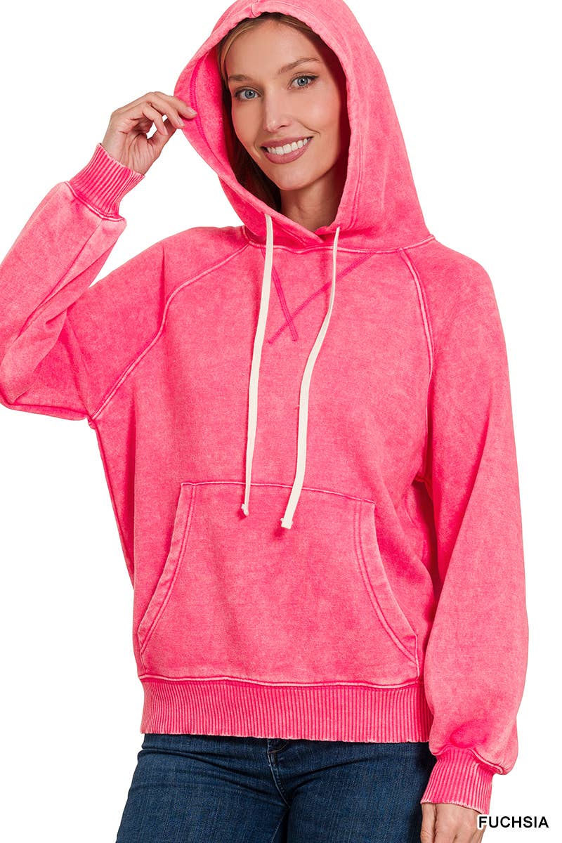 Acid Wash Fleece Hoodie With Pockets