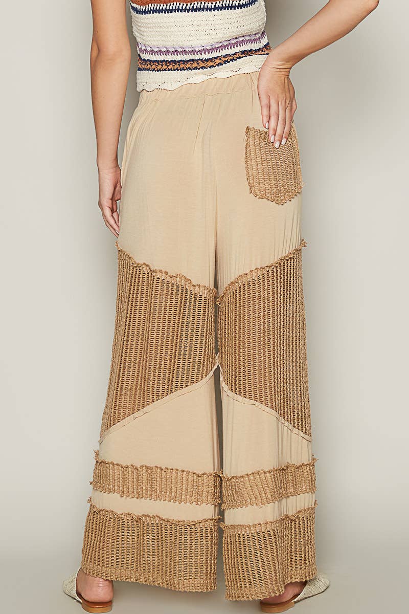 Contrast see through elastic waist knit culottes pants
