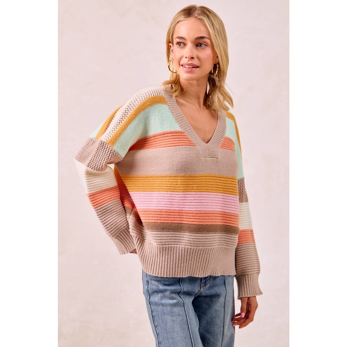 MULTI COLORS STRIPES RIB BANDED V-NECK SWEATER TOP