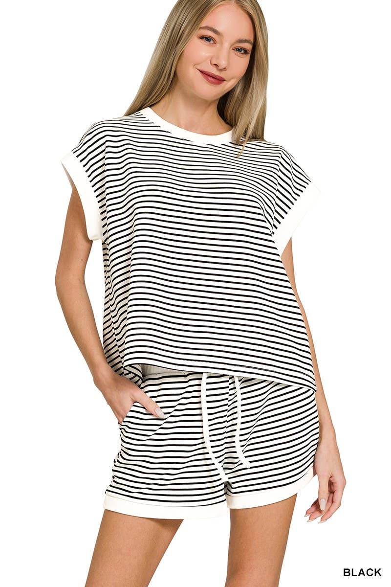 Stripe Contrast Trim Top N Shorts Set