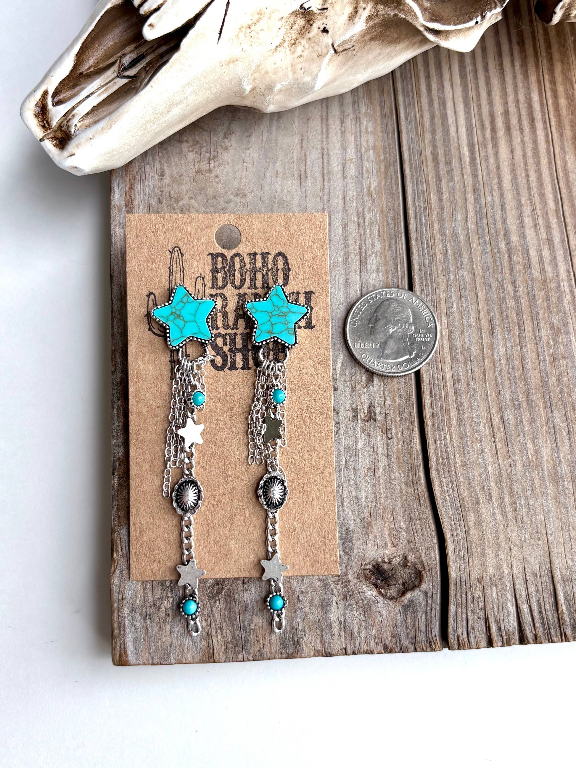 Western Star Stone & Chain Fringe Post Drop Earrings