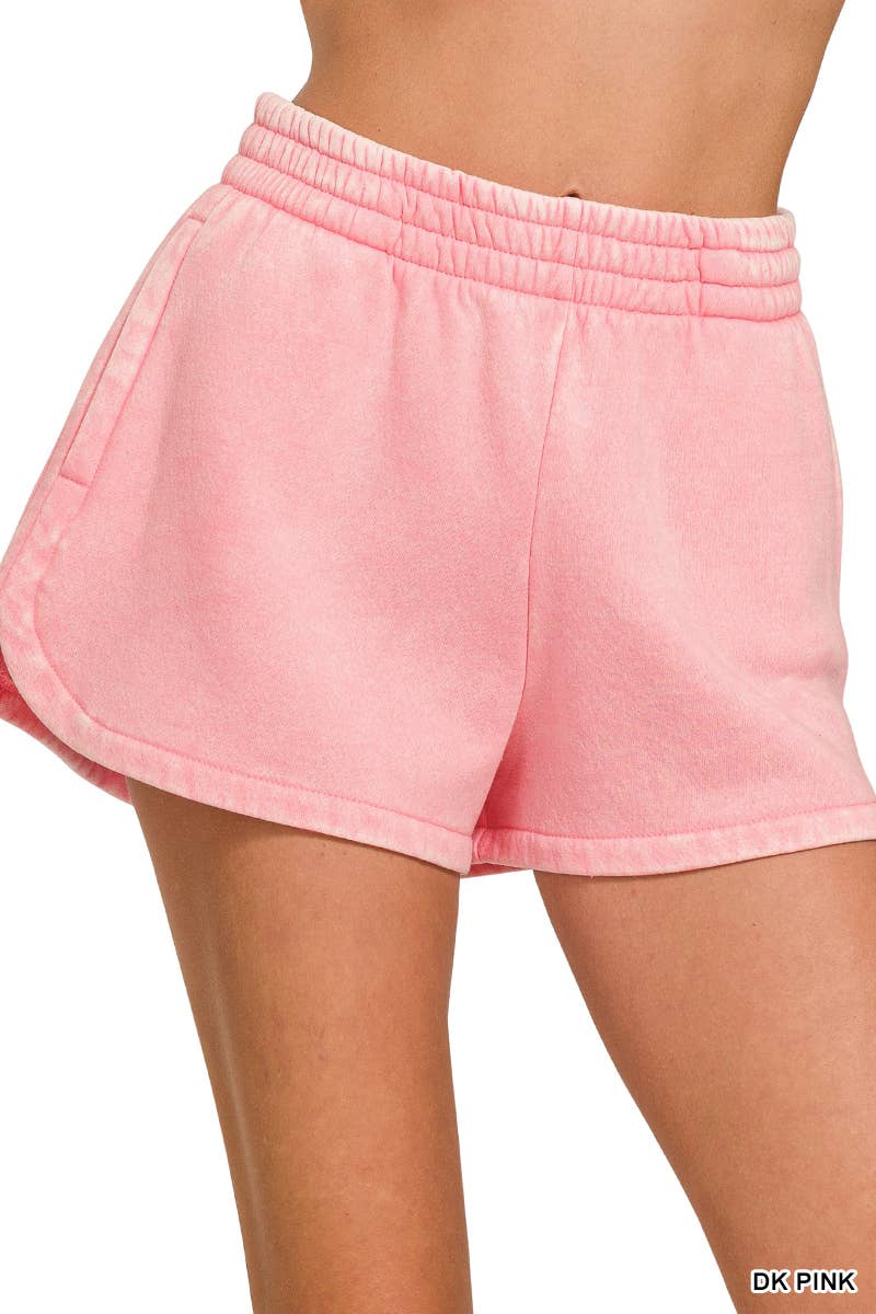 .Acid Wash Elastic Waistband Fleece Shorts