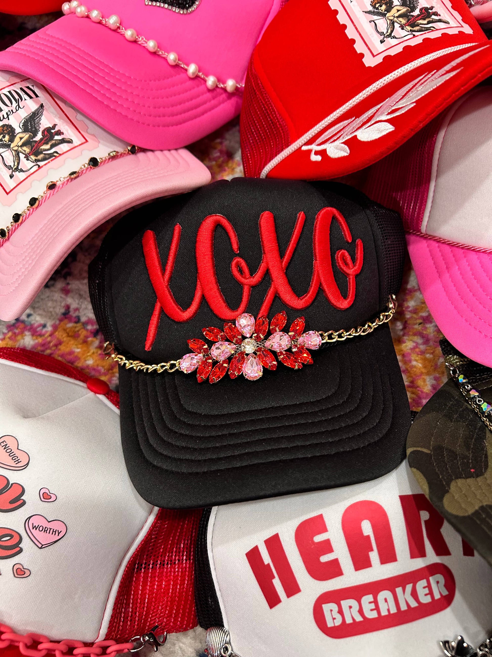 Pink & Red Rhinestone Trucker Chain | Hat Chain | Hat Bar