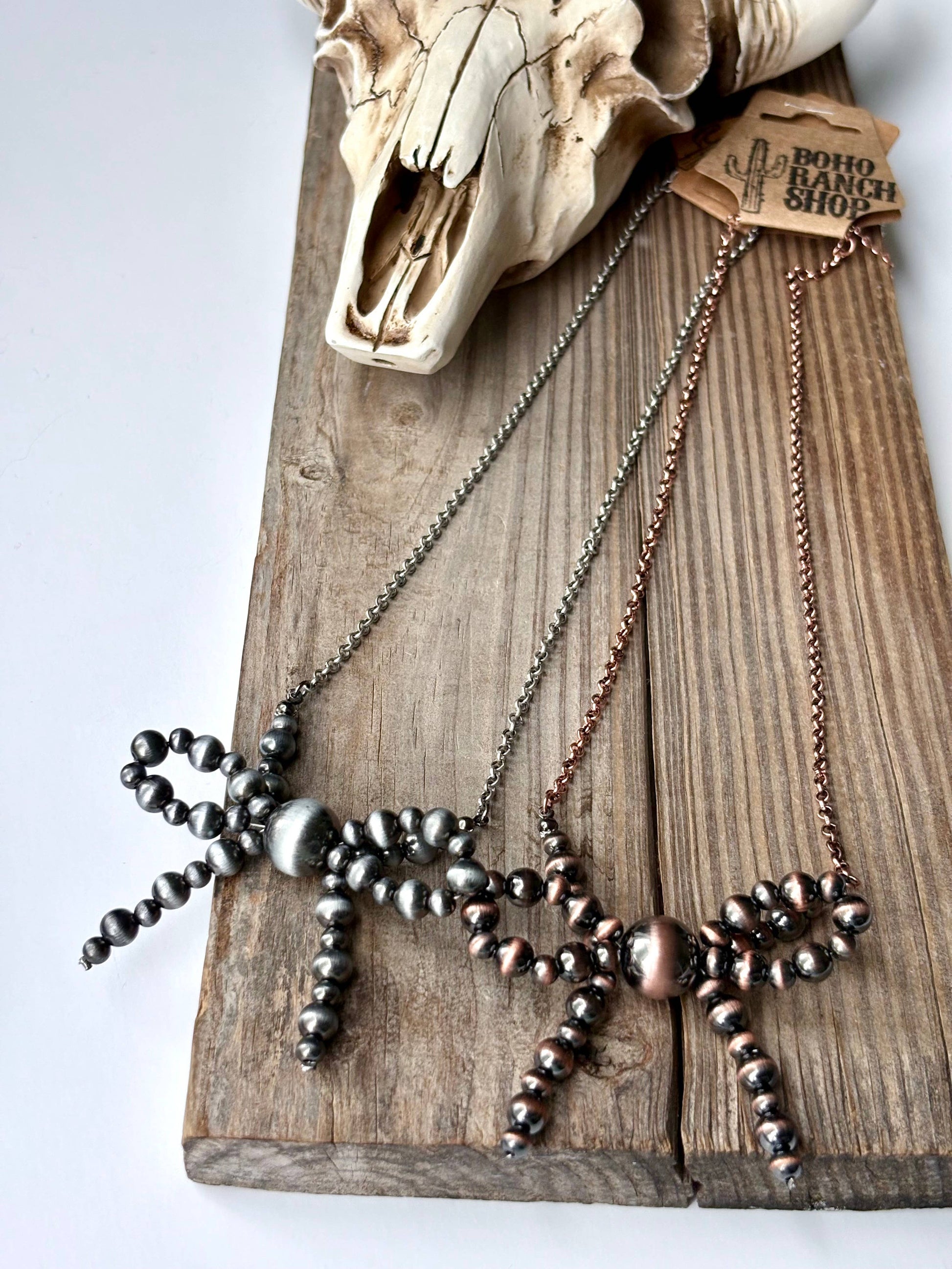 Western Navajo Pearl Bead Coquette Bow Chain Necklace