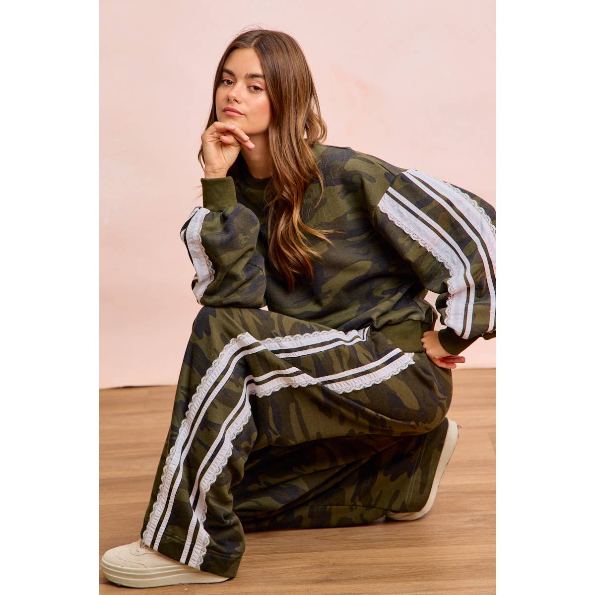 CAMOUFLAGE FRENCH TERRY LACE SWEATSHIRT TOP