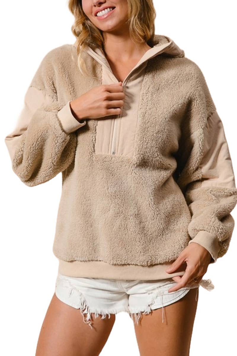 Minky Fleece Front Zip Up Hoodie Top
