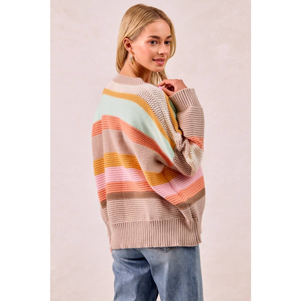 MULTI COLORS STRIPES RIB BANDED V-NECK SWEATER TOP