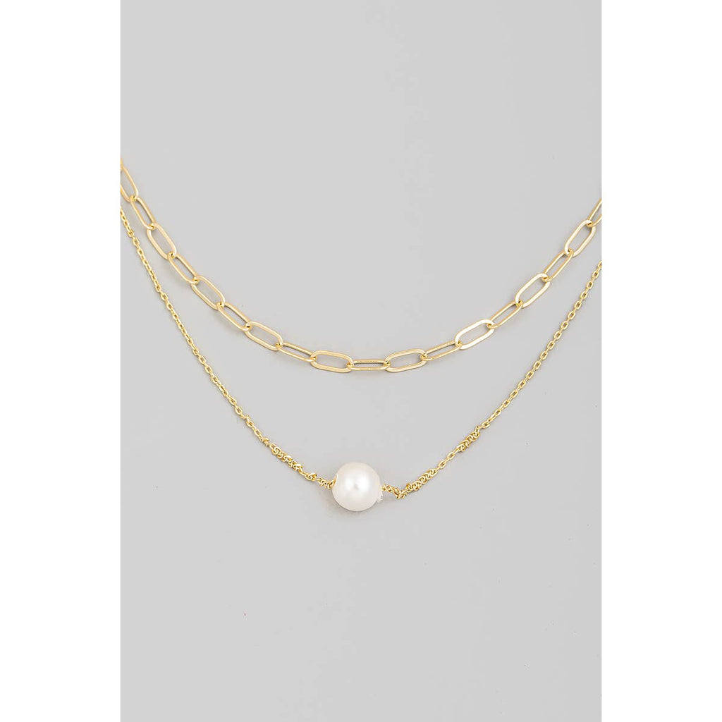Layered Chain Link Pearl Ball Charm Necklace