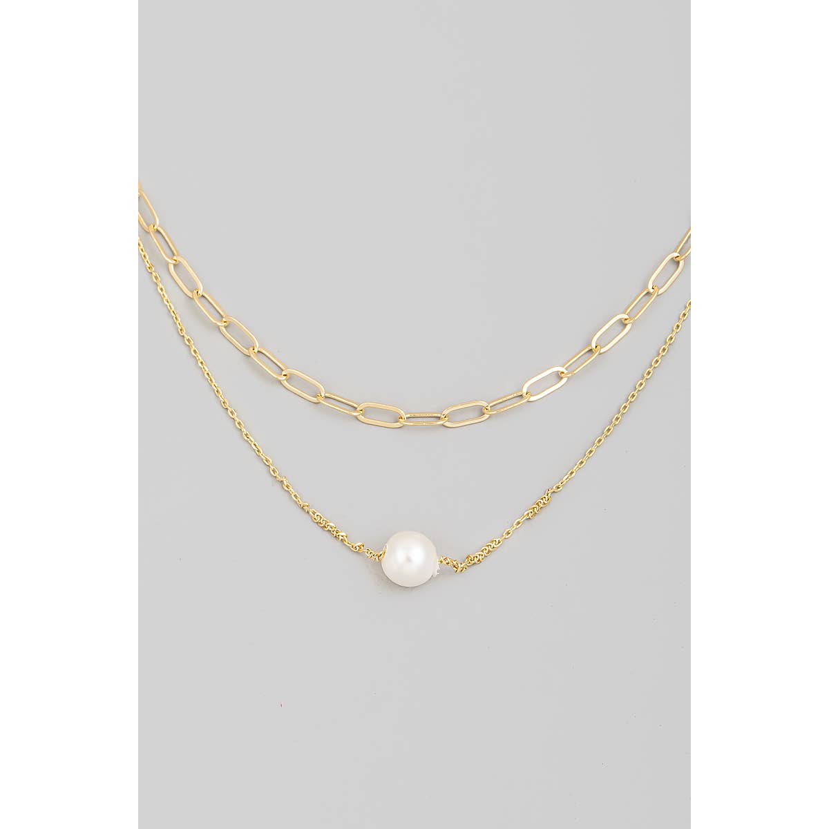 Layered Chain Link Pearl Ball Charm Necklace