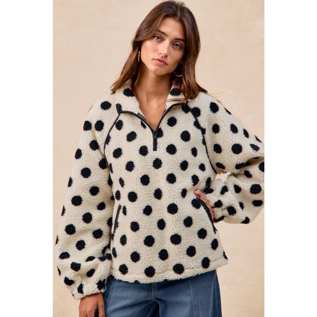 POLKA DOT SHERPA HALF ZIP UP TOP WITH SIDE POCKET