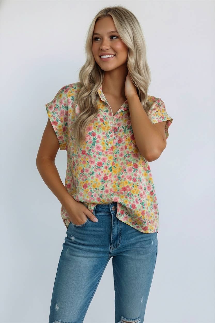 COLLAR BUTTON UP SHORT SLEEVE FLORAL RPINT SHIRT