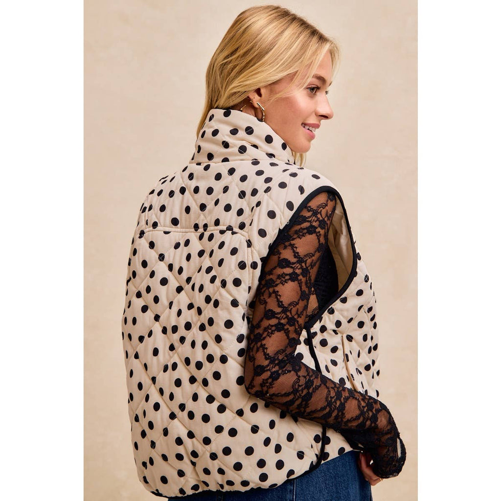 POLKA DOT PRINT PIPING DETAIL QUILTED VEST