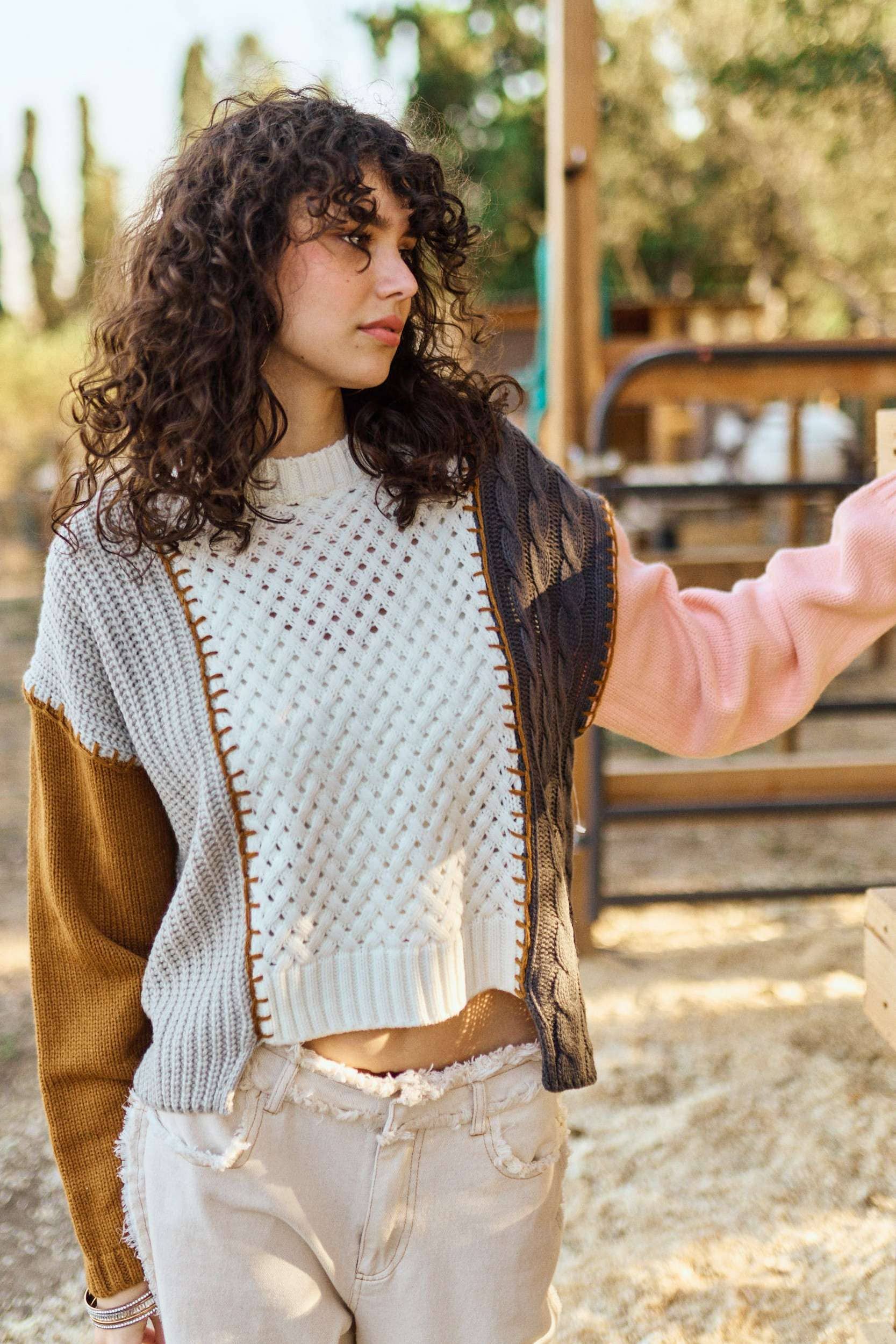 Multi Fabric Color Block Sweater