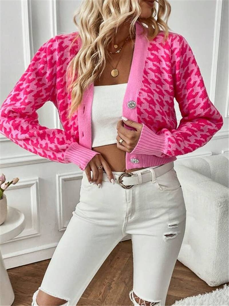 Houndstooth v-neck cropped knit Cardigan