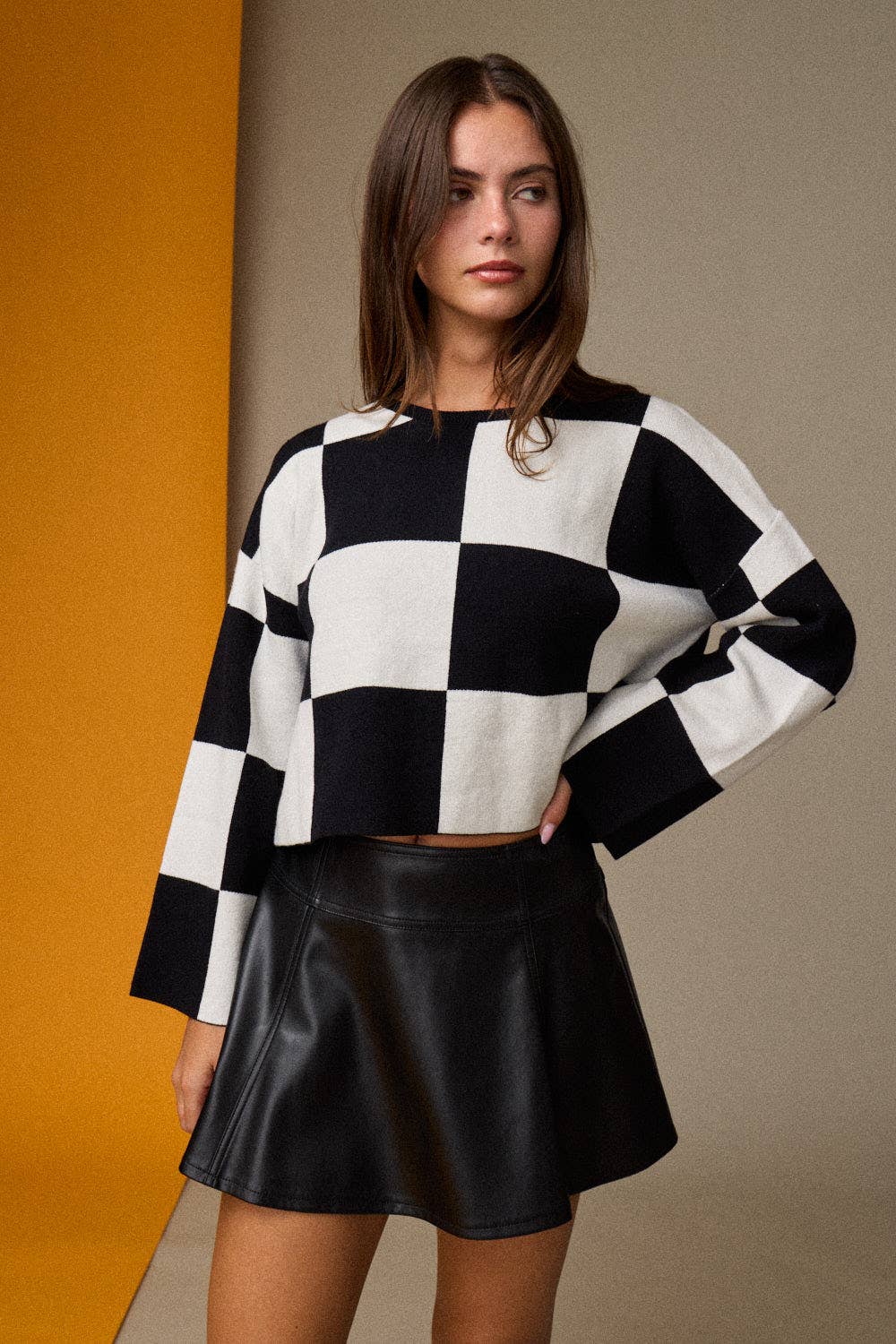 Sarah Round Neck Checkered LS Top