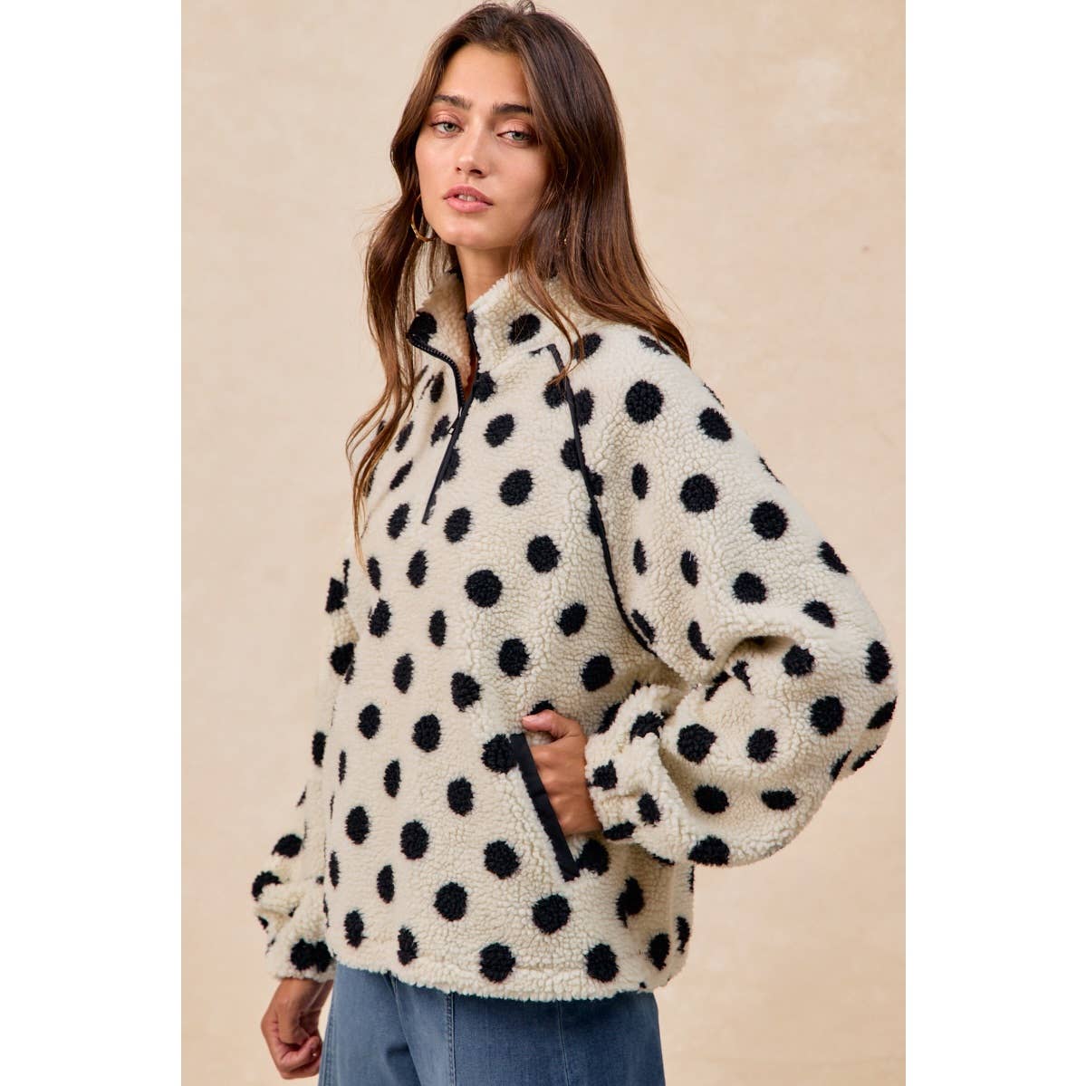 POLKA DOT SHERPA HALF ZIP UP TOP WITH SIDE POCKET
