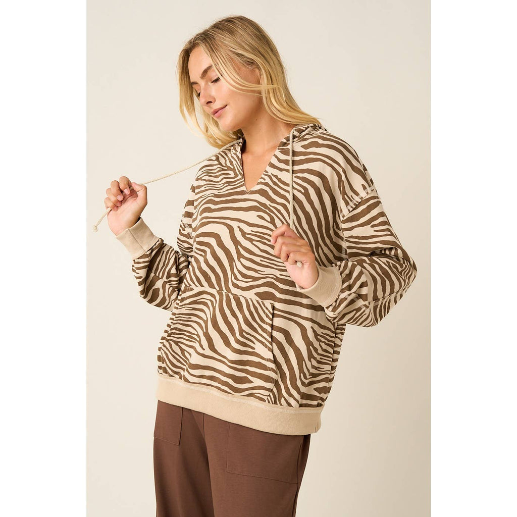 ZEBRA PRINT V-NECK HOODIE TOP
