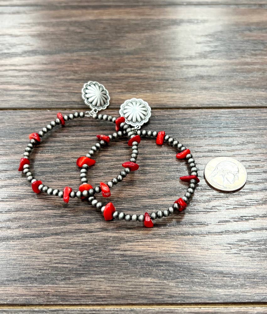 723563, Handmade Coral, Navajo Bead Hoop Earrings
