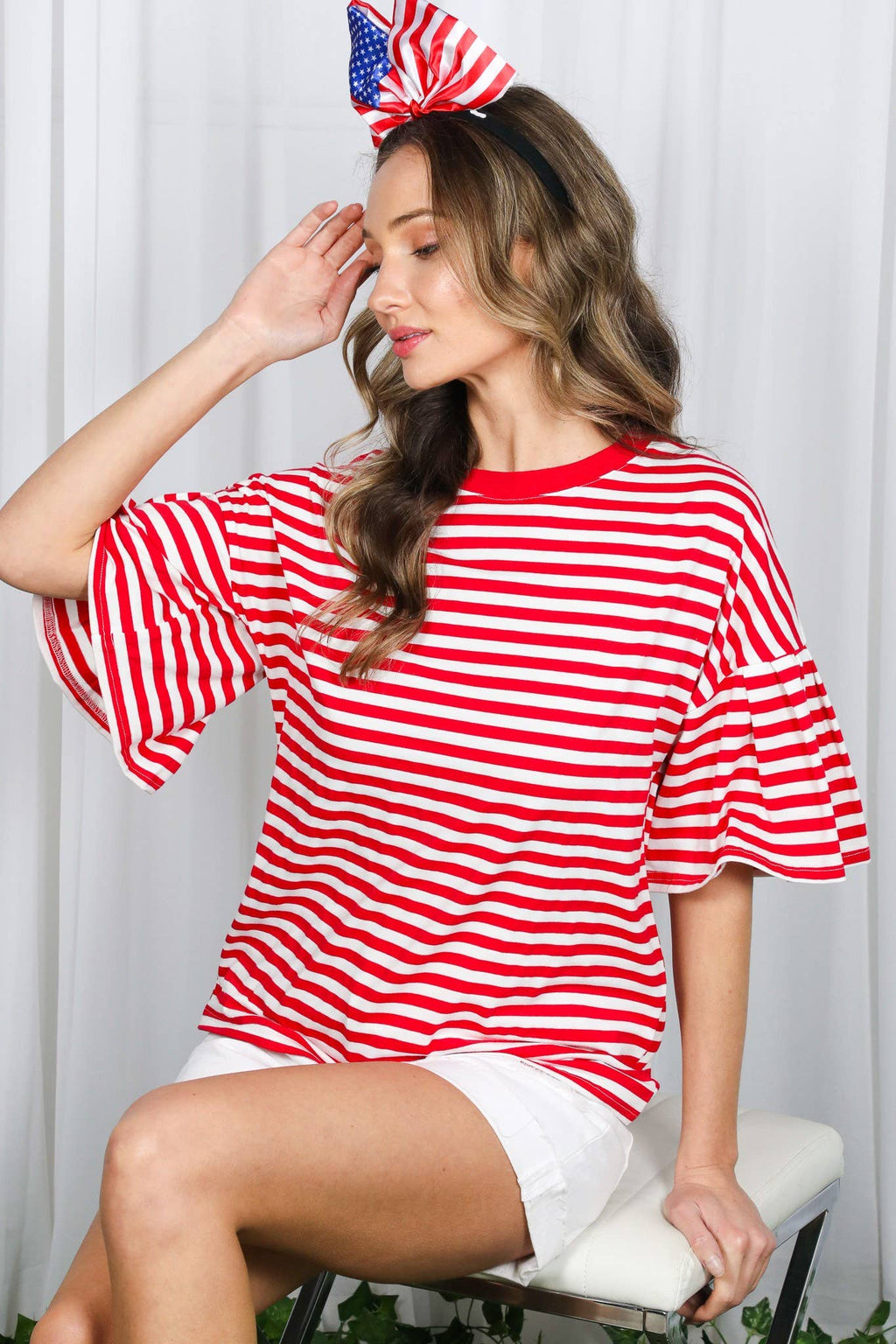 Pleated Flutter Sleeve Crew Neck Striped Knit Top
