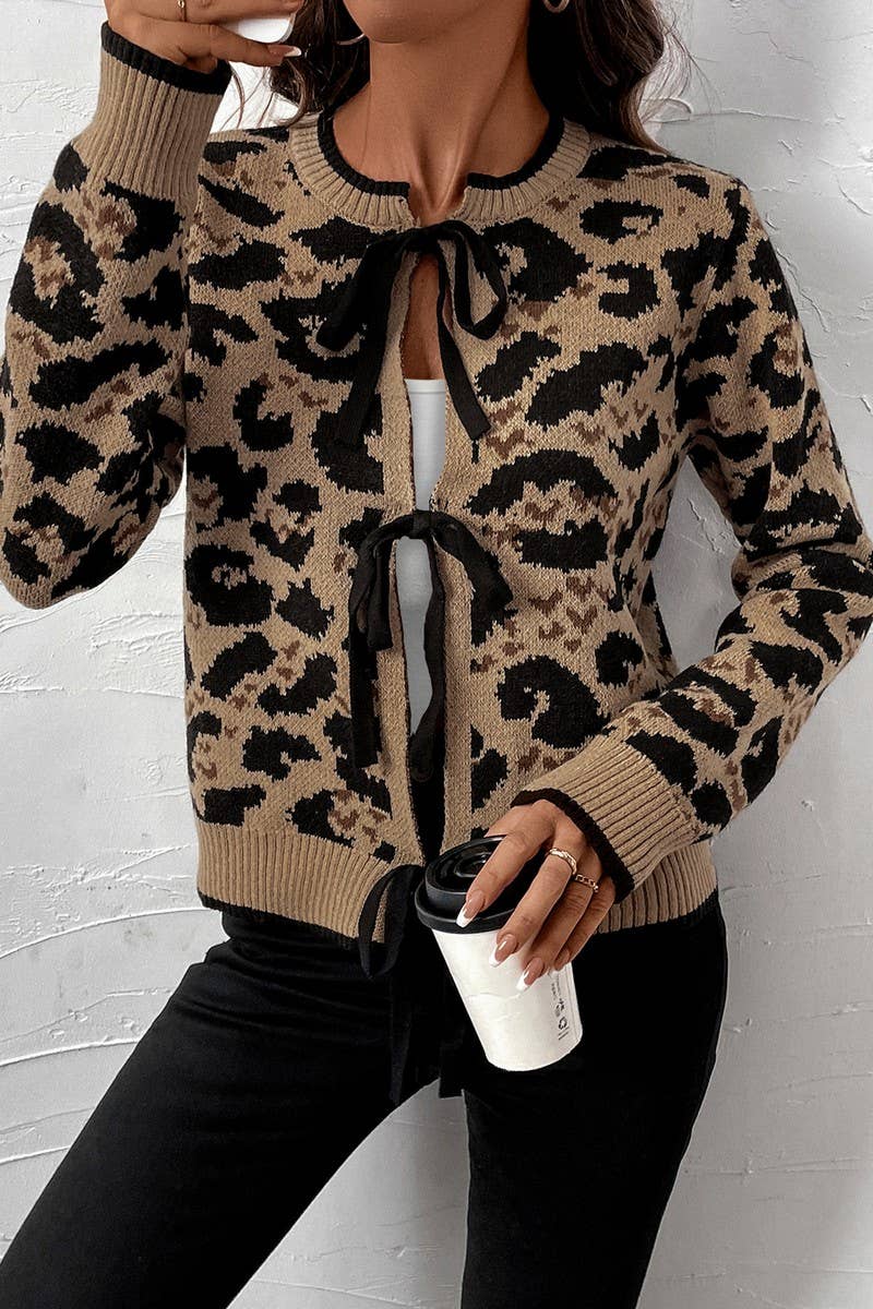 LEOPARD PRINT BOW TIE KNITTED SWEATER CARDIGAN