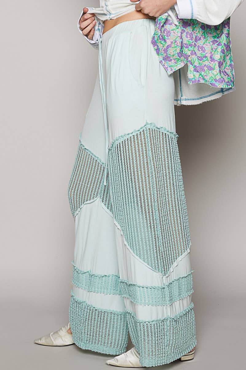 Contrast see through elastic waist knit culottes pants
