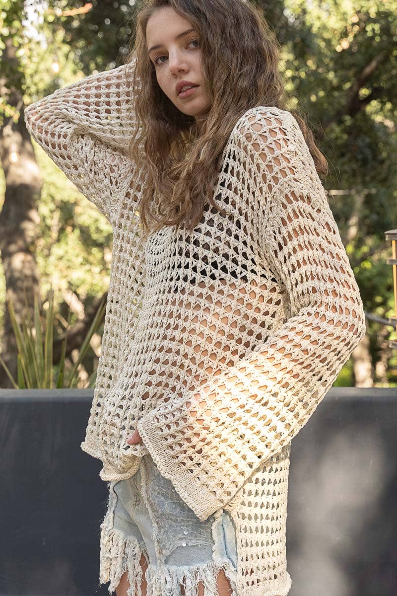 Dropped Shoulder Open Knit Boat Neck Sweater