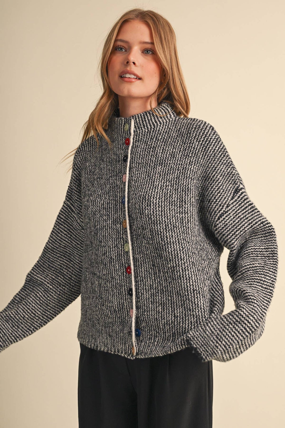 STRIPED SWEATER CARDIGAN WITH COLORFUL BUTTONS