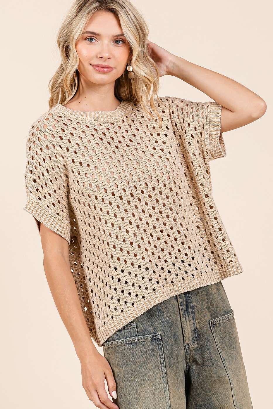 MINERAL WASH OPEN KNIT SHORT SLEEVE SWEATER TOP