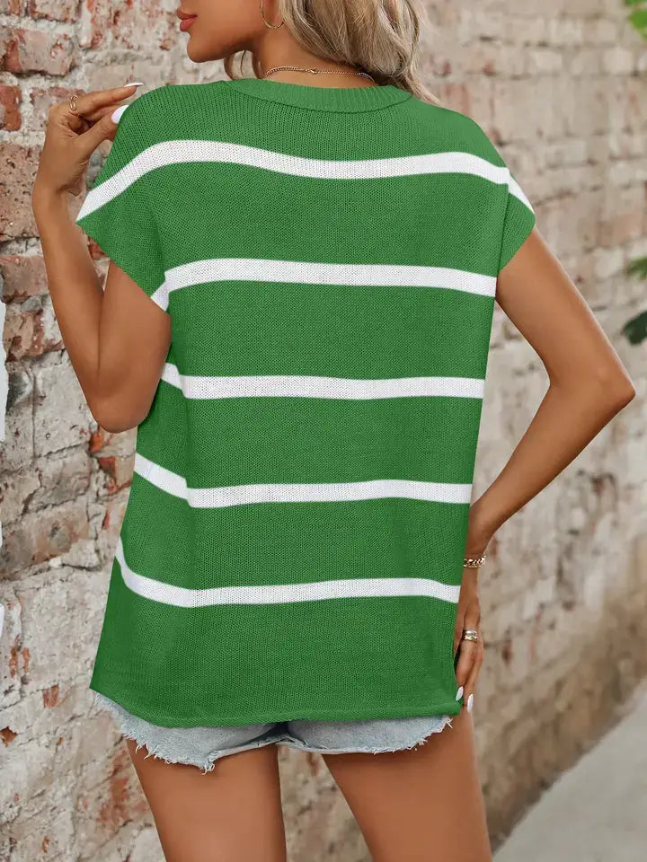Ladies Round Neck Thick Knit Casual Striped Sweater