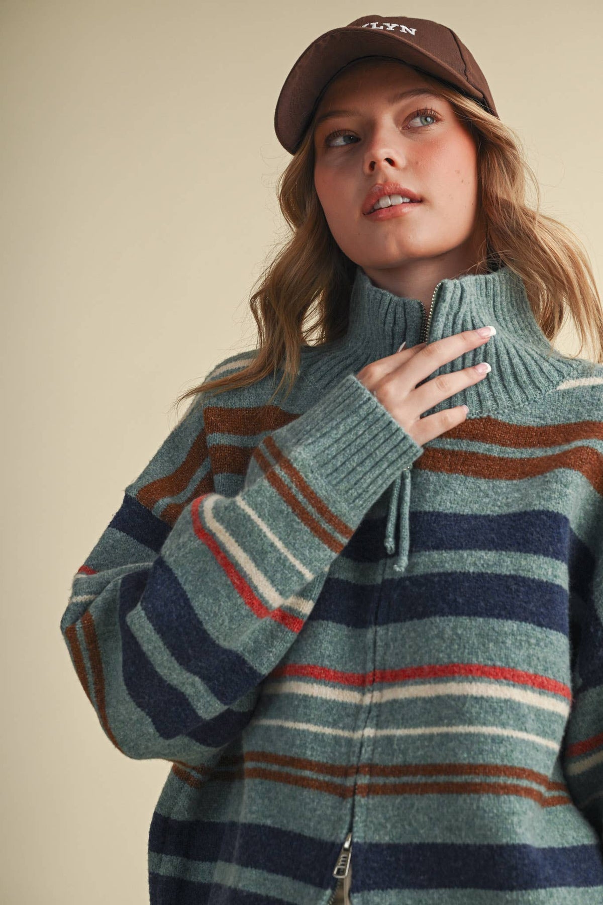 STRIPED MOCK NECK ZIP UP CARDIGAN