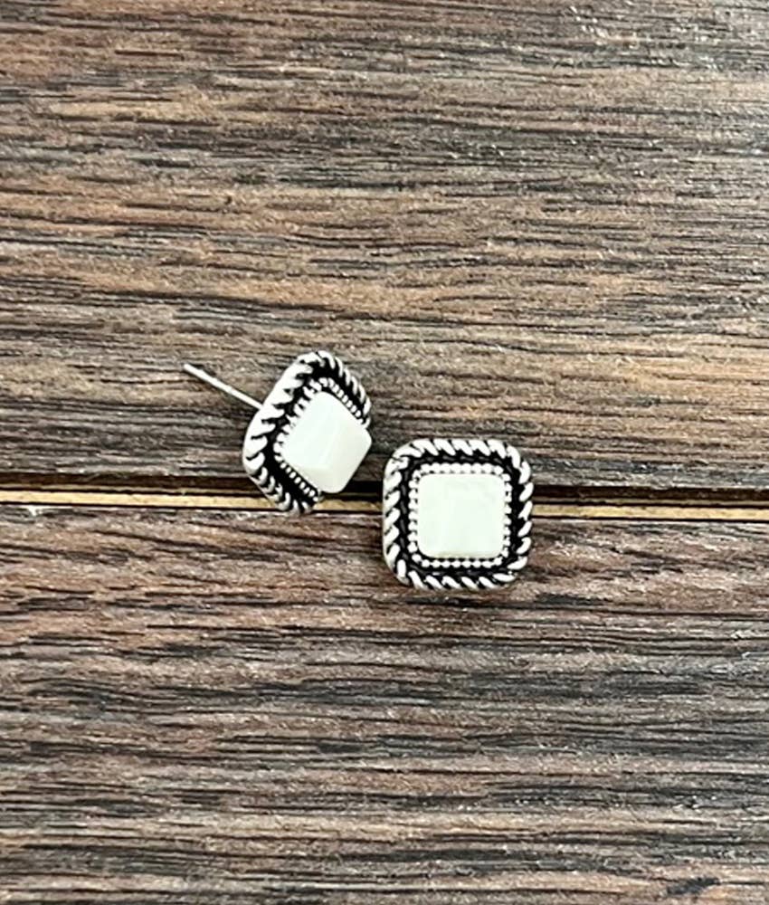723865, 6mm Square White Turquoise Stud Earrings