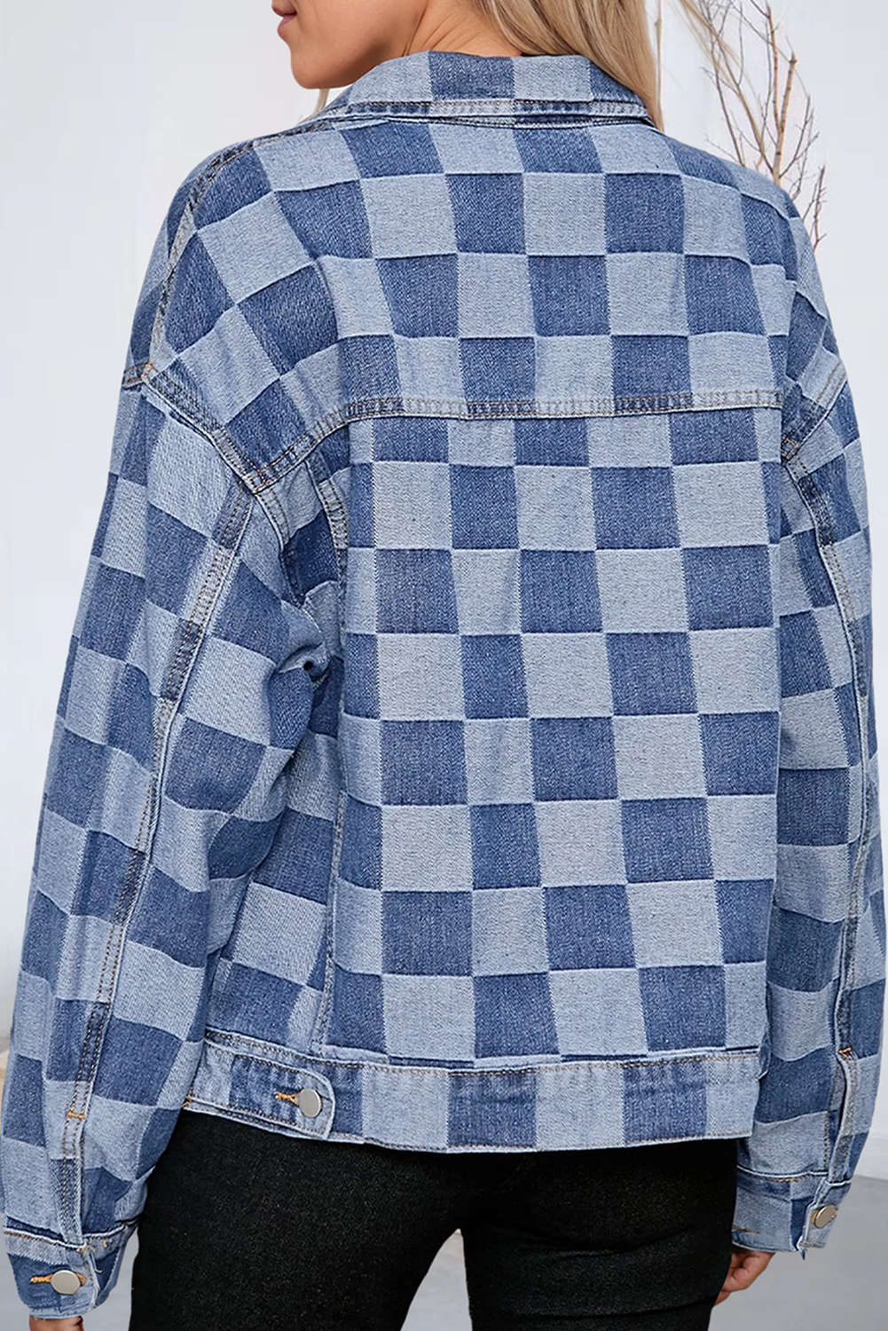 Checkered Patchwork Button Down Denim Jacket