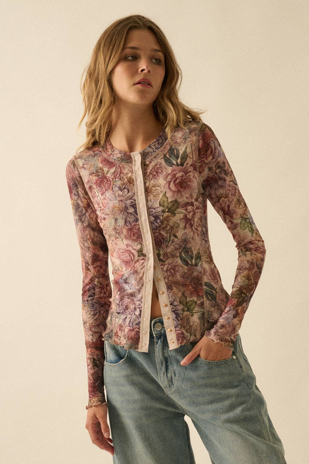 Floral-Print Mesh Snap-Front Long-Sleeve Top