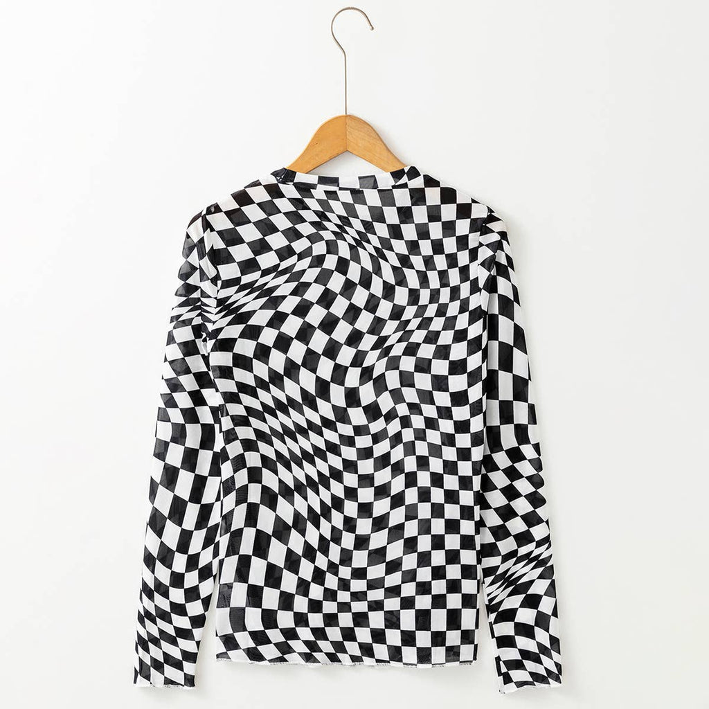 Checkered Pattern Mesh Mock Neck Long Sleeve